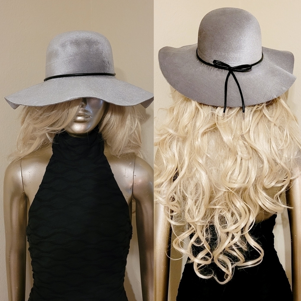 Grey Silver Velvet Floppy Hat With Black Leather Band
